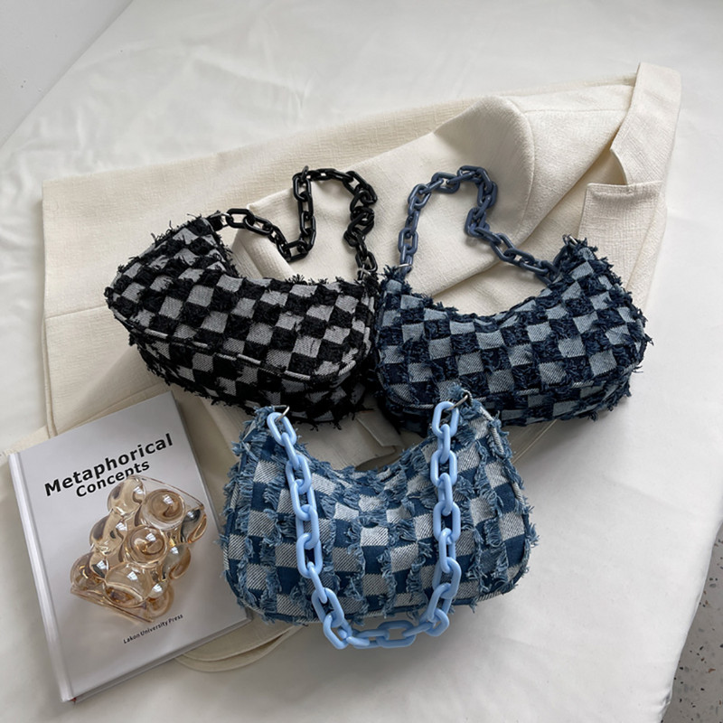 Vintage naiste vabaaja õlakott kaenlaaluste kott ruuduline mustriga trükkimine teksariidest väike rahakott naistele akrüülkett vaba aja käekotid rahakott