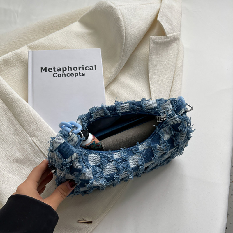 Vintage naiste vabaaja õlakott kaenlaaluste kott ruuduline mustriga trükkimine teksariidest väike rahakott naistele akrüülkett vaba aja käekotid rahakott