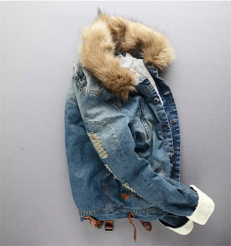 Idopy New Ανδρικό χειμωνιάτικο ζεστό τζιν μπουφάν Fleece με επένδυση Χοντρό θερμικό ταλαιπωρημένο τζιν μπουφάν και παλτό με γούνινο γιακά