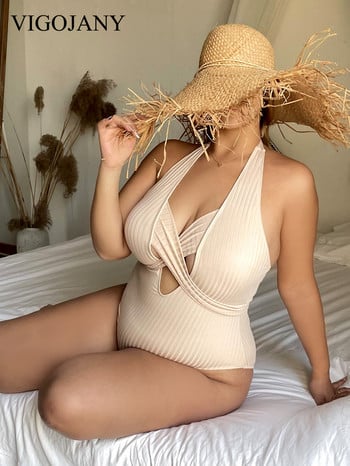 VigoJany 2023 Solid Halter Plus Size Γυναικεία μαγιό Hollow One Piece Μαγιό Lady Chubby δοκιμασμένο εξώπλατο μαγιό Ρούχα παραλίας