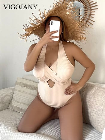 VigoJany 2023 Solid Halter Plus Size Γυναικεία μαγιό Hollow One Piece Μαγιό Lady Chubby δοκιμασμένο εξώπλατο μαγιό Ρούχα παραλίας