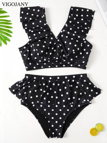 VigoJany Large Dots Ruffle Γυναικεία Μαγιό 2023 Plus Size V λαιμόκοψη Μαγιό 2 τεμαχίων Ψηλόμεσο Σετ μπικίνι