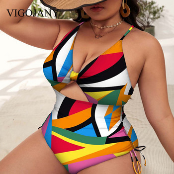 VigoJany Print Plus Size Γυναικεία μαγιό 2023 Hollowed Large One Piece Γυναικείο μαγιό με κορδόνια ανάπλα, παχουλό μεγάλο μαγιό