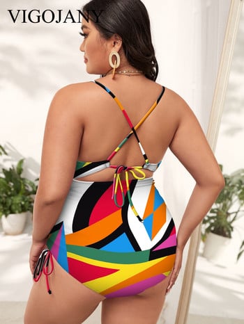 VigoJany Print Plus Size Γυναικεία μαγιό 2023 Hollowed Large One Piece Γυναικείο μαγιό με κορδόνια ανάπλα, παχουλό μεγάλο μαγιό