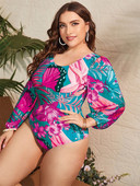 VigoJany 2023 New Floral Print Plus Size Γυναικεία Μαγιό Μεγάλο Ολόσωμο Γυναικείο μακρυμάνικο εξώπλατο μεγάλο μαγιό