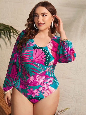 VigoJany 2023 New Floral Print Plus Size Γυναικεία Μαγιό Μεγάλο Ολόσωμο Γυναικείο μακρυμάνικο εξώπλατο μεγάλο μαγιό