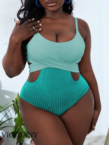 VigoJany New Solid Plus Size Ribbed μαγιό Γυναικεία 2023 Hollowed Large One Piece Μαγιό Lady Chubby Big μαγιό Ρούχα παραλίας