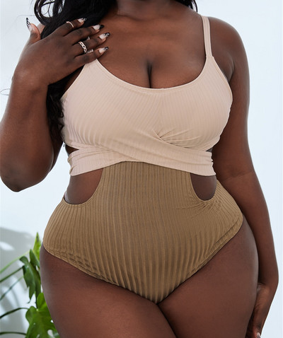 VigoJany New Solid Plus Size Ribbed μαγιό Γυναικεία 2023 Hollowed Large One Piece Μαγιό Lady Chubby Big μαγιό Ρούχα παραλίας