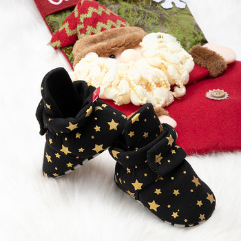 Suefunskry Новородено бебе, момче, момиче, снежни ботуши, зимни ботуши с принт на коледни звезди, топли бебешки обувки за прохождане, бебешки