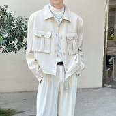 Jesenná krátka bunda pánska módna ležérna bunda s vreckami pánska kórejská voľná marhuľová/čierna klopová bunda pánsky krátky kabát M-2XL