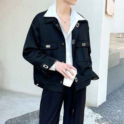 Jesenná krátka bunda pánska módna ležérna bunda s vreckami pánska kórejská voľná marhuľová/čierna klopová bunda pánsky krátky kabát M-2XL