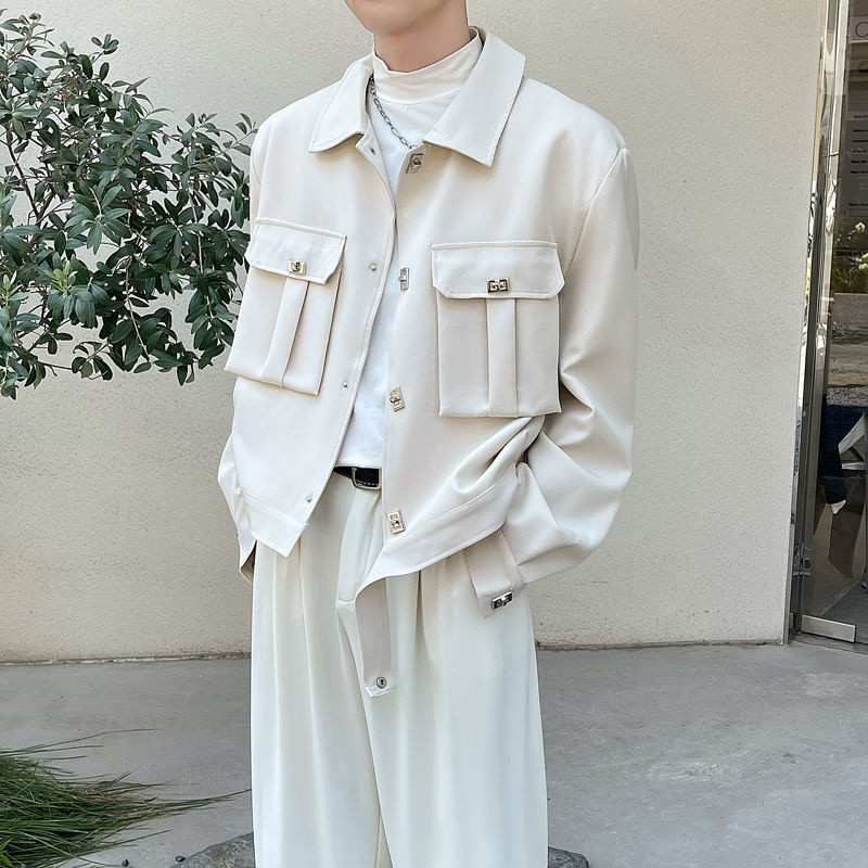 Jesenná krátka bunda pánska módna ležérna bunda s vreckami pánska kórejská voľná marhuľová/čierna klopová bunda pánsky krátky kabát M-2XL