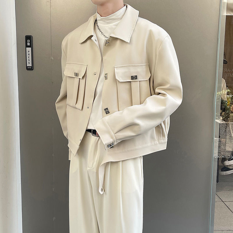 Jesenná krátka bunda pánska módna ležérna bunda s vreckami pánska kórejská voľná marhuľová/čierna klopová bunda pánsky krátky kabát M-2XL