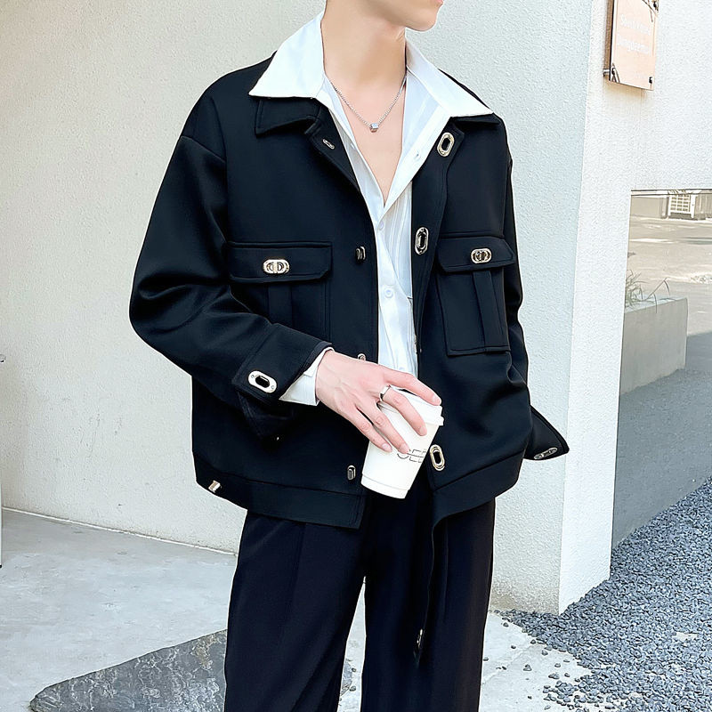 Jesenná krátka bunda pánska módna ležérna bunda s vreckami pánska kórejská voľná marhuľová/čierna klopová bunda pánsky krátky kabát M-2XL