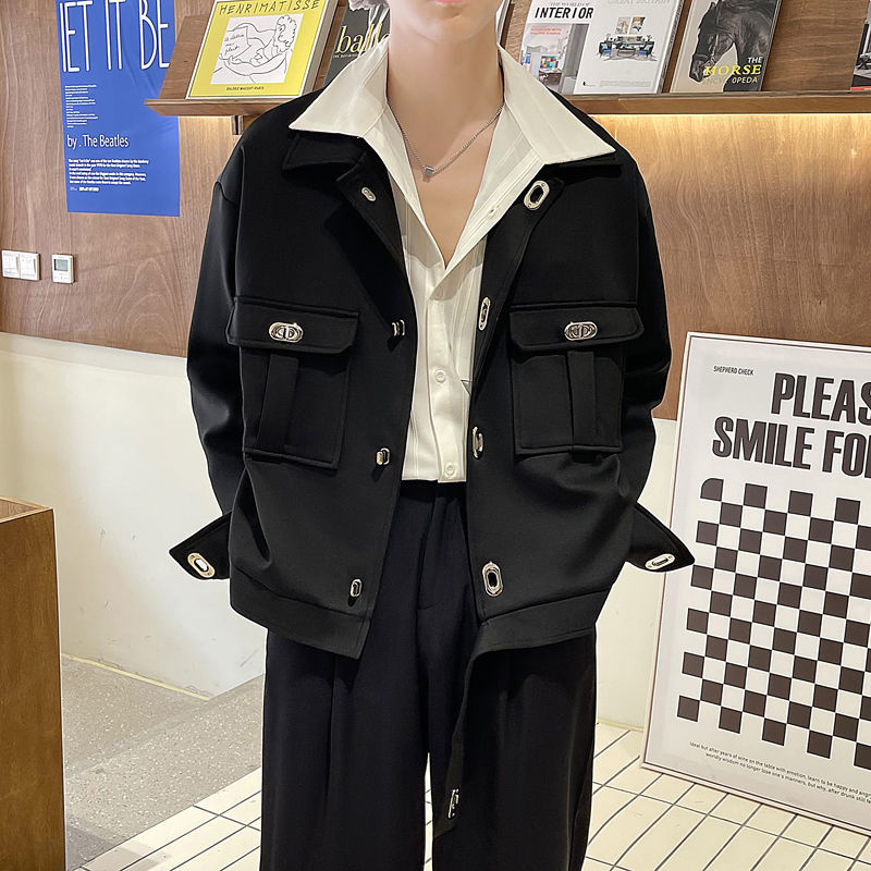 Jesenná krátka bunda pánska módna ležérna bunda s vreckami pánska kórejská voľná marhuľová/čierna klopová bunda pánsky krátky kabát M-2XL