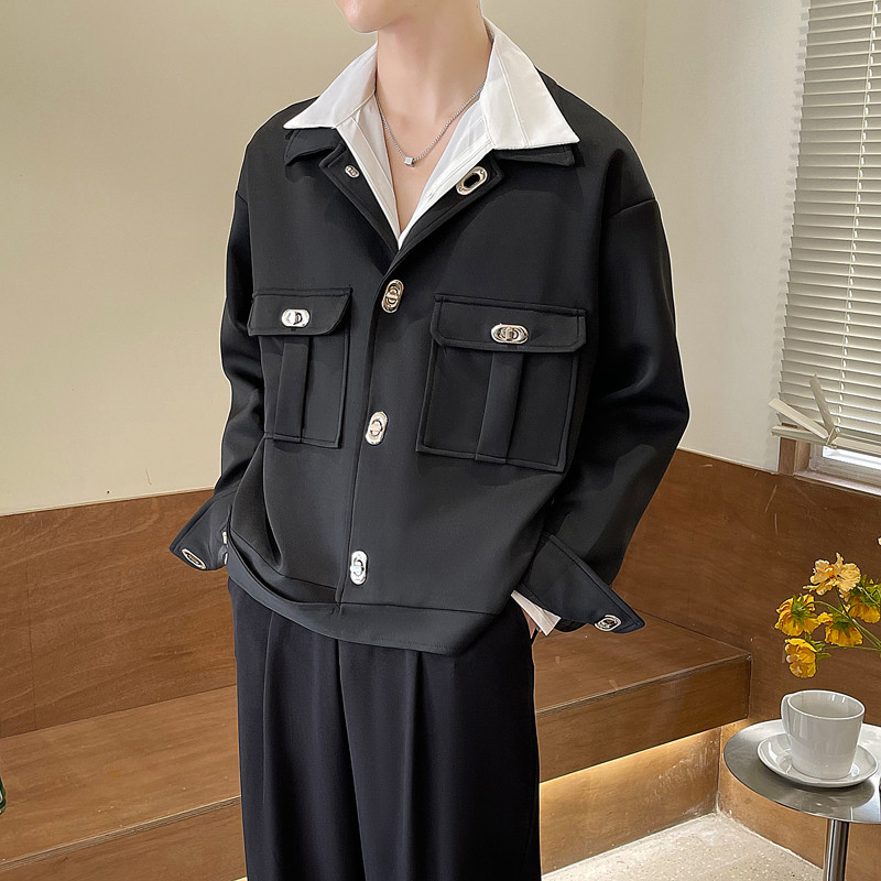 Jesenná krátka bunda pánska módna ležérna bunda s vreckami pánska kórejská voľná marhuľová/čierna klopová bunda pánsky krátky kabát M-2XL