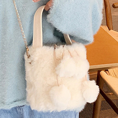 Γυναικεία βελούδινη τσάντα χιαστί με πομ πομ ασαφή τσάντα ώμου Τσάντα με κορδόνια συμπαγής τσάντα hobo αφράτη βελούδινη τσάντα με επάνω λαβή