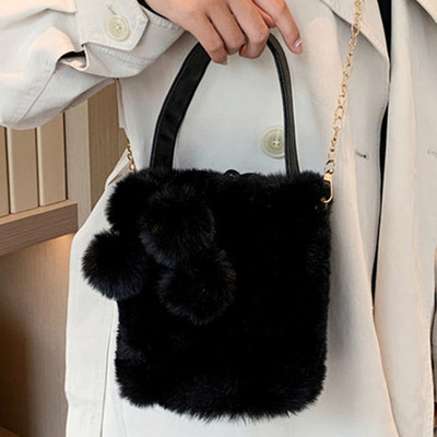 Γυναικεία βελούδινη τσάντα χιαστί με πομ πομ ασαφή τσάντα ώμου Τσάντα με κορδόνια συμπαγής τσάντα hobo αφράτη βελούδινη τσάντα με επάνω λαβή