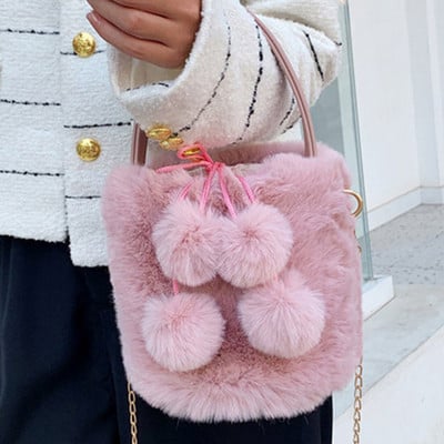 Γυναικεία βελούδινη τσάντα χιαστί με πομ πομ ασαφή τσάντα ώμου Τσάντα με κορδόνια συμπαγής τσάντα hobo αφράτη βελούδινη τσάντα με επάνω λαβή