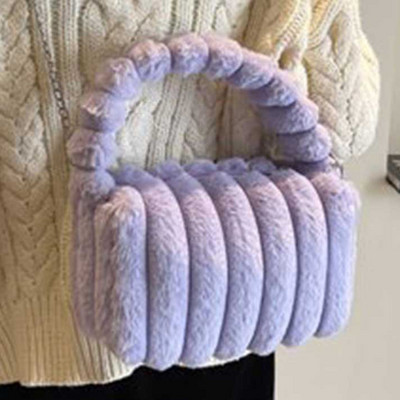 Γυναικεία βελούδινη τσάντα με λαβή μονόχρωμη Μικρό τσαντάκι νομισμάτων Μεγάλης χωρητικότητας Τσάντα από ψεύτικη γούνα Casual για το φθινόπωρο χειμώνα