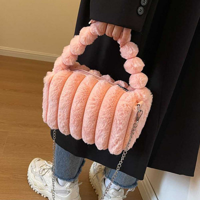 Γυναικεία βελούδινη τσάντα με λαβή μονόχρωμη Μικρό τσαντάκι νομισμάτων Μεγάλης χωρητικότητας Τσάντα από ψεύτικη γούνα Casual για το φθινόπωρο χειμώνα