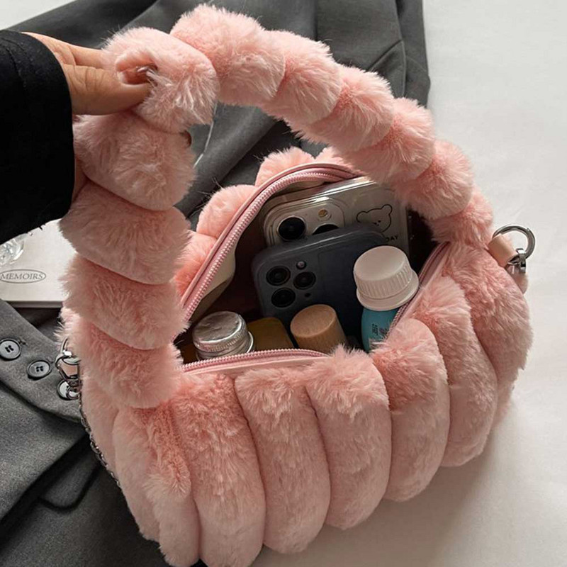 Γυναικεία βελούδινη τσάντα με λαβή μονόχρωμη Μικρό τσαντάκι νομισμάτων Μεγάλης χωρητικότητας Τσάντα από ψεύτικη γούνα Casual για το φθινόπωρο χειμώνα