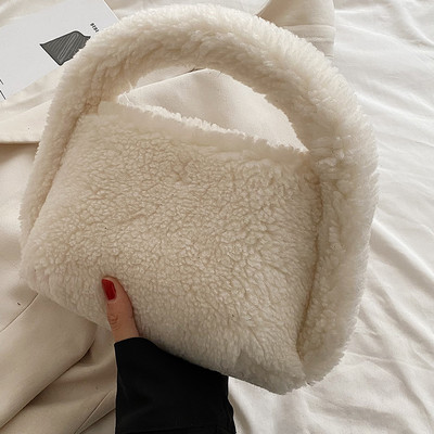 Geantă cu mâner superior din lână de cașmir Geantă tote de iarnă cu blană artificială pentru femei Poșetă de umăr din pluș pentru femei Poșeta de mână cu design pufos