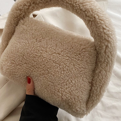 Geantă cu mâner superior din lână de cașmir Geantă tote de iarnă cu blană artificială pentru femei Poșetă de umăr din pluș pentru femei Poșeta de mână cu design pufos