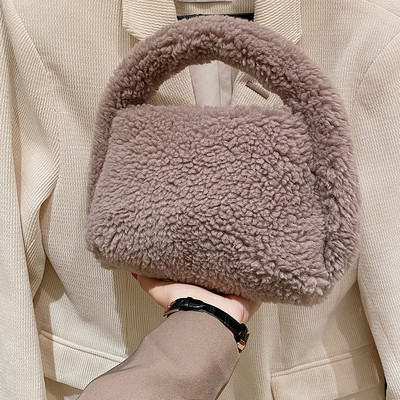 Geantă cu mâner superior din lână de cașmir Geantă tote de iarnă cu blană artificială pentru femei Poșetă de umăr din pluș pentru femei Poșeta de mână cu design pufos