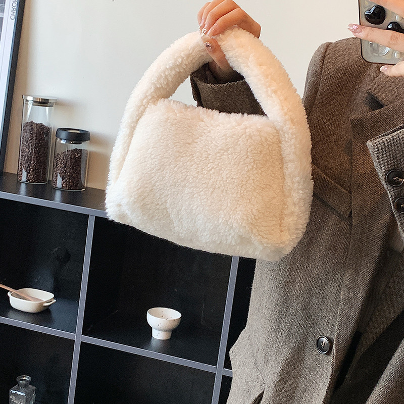 Geantă cu mâner superior din lână de cașmir Geantă tote de iarnă cu blană artificială pentru femei Poșetă de umăr din pluș pentru femei Poșeta de mână cu design pufos