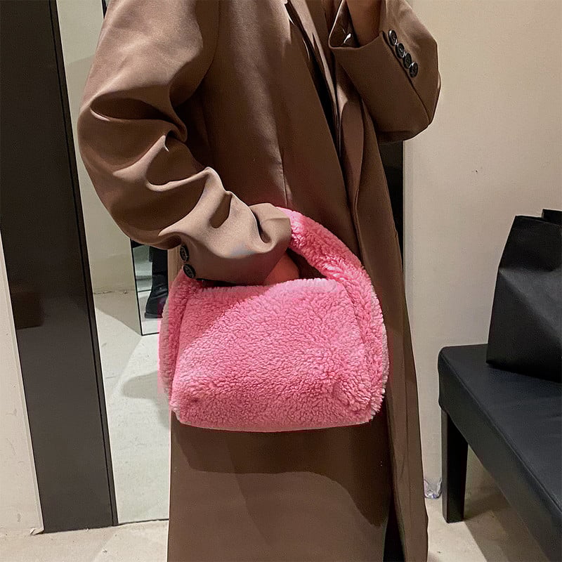 Geantă cu mâner superior din lână de cașmir Geantă tote de iarnă cu blană artificială pentru femei Poșetă de umăr din pluș pentru femei Poșeta de mână cu design pufos