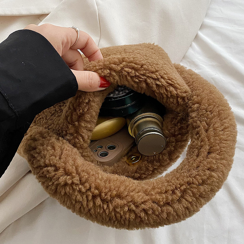 Geantă cu mâner superior din lână de cașmir Geantă tote de iarnă cu blană artificială pentru femei Poșetă de umăr din pluș pentru femei Poșeta de mână cu design pufos