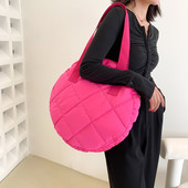 Geantă de umăr matlasată de iarnă Genți de mână rotunde căptușite din bumbac, cu model cu romboi, geantă crossbody pentru femei 2023, geantă de călătorie Totes