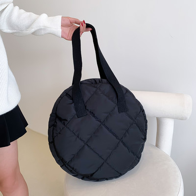 Geantă de umăr matlasată de iarnă Genți de mână rotunde căptușite din bumbac, cu model cu romboi, geantă crossbody pentru femei 2023, geantă de călătorie Totes