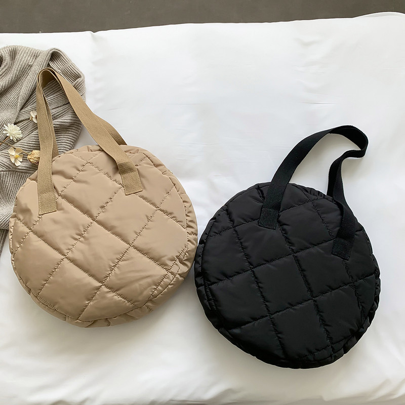 Geantă de umăr matlasată de iarnă Genți de mână rotunde căptușite din bumbac, cu model cu romboi, geantă crossbody pentru femei 2023, geantă de călătorie Totes