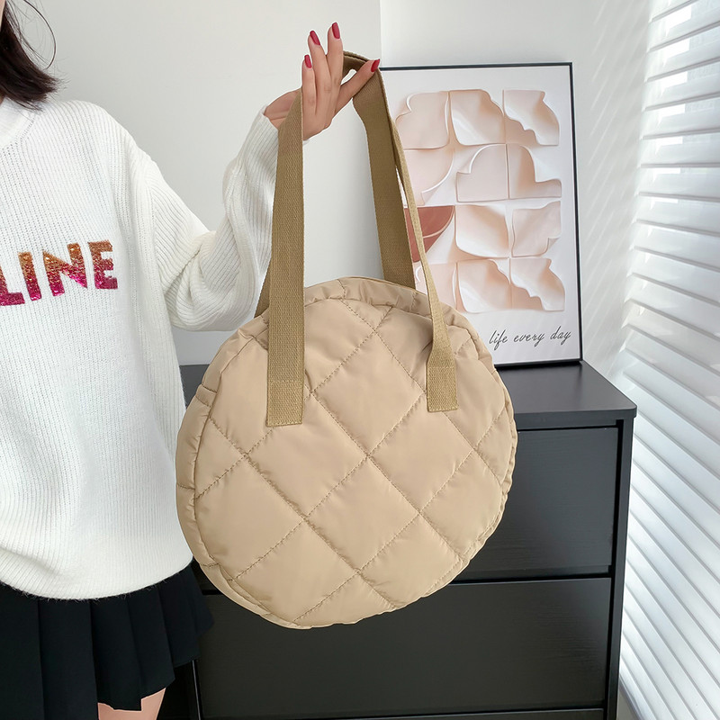 Geantă de umăr matlasată de iarnă Genți de mână rotunde căptușite din bumbac, cu model cu romboi, geantă crossbody pentru femei 2023, geantă de călătorie Totes