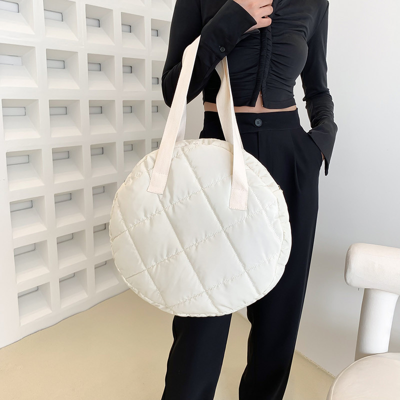 Geantă de umăr matlasată de iarnă Genți de mână rotunde căptușite din bumbac, cu model cu romboi, geantă crossbody pentru femei 2023, geantă de călătorie Totes