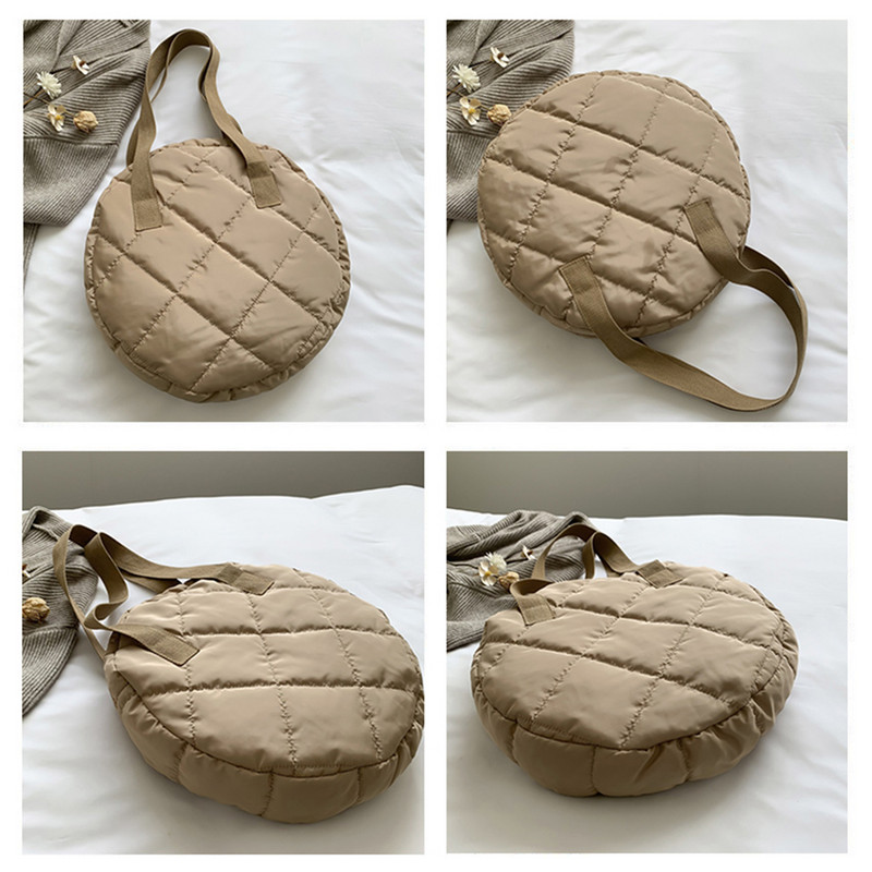 Geantă de umăr matlasată de iarnă Genți de mână rotunde căptușite din bumbac, cu model cu romboi, geantă crossbody pentru femei 2023, geantă de călătorie Totes