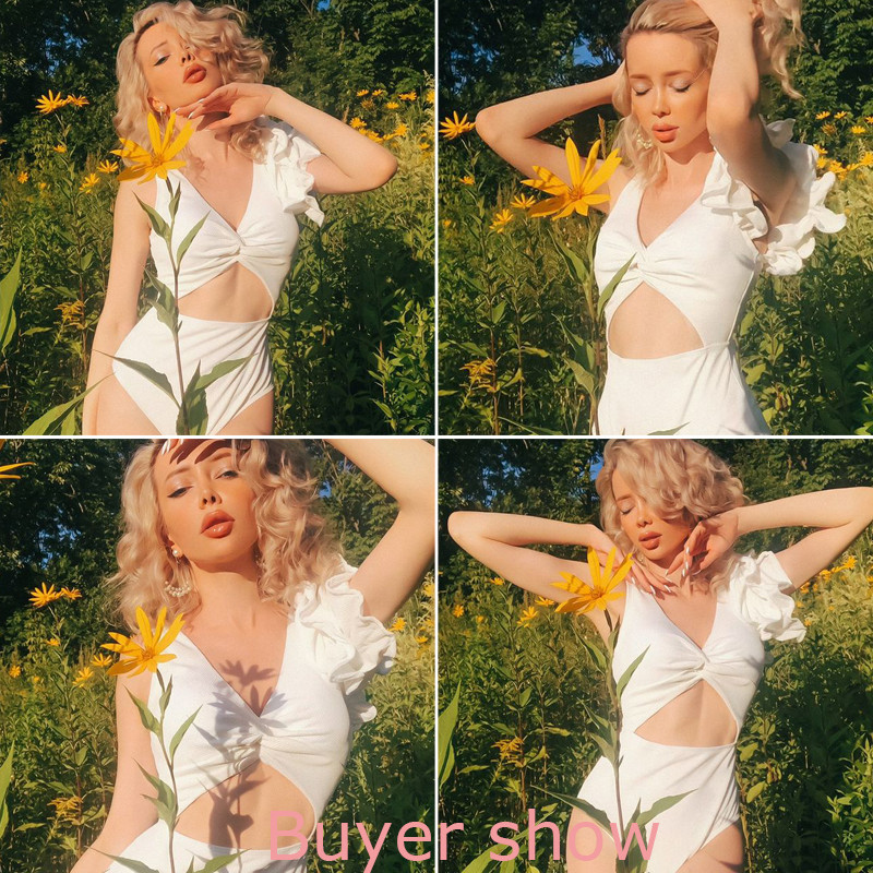 Dámske biele plavky 2023 s hlbokým V, jednodielne, sieťované, s volánikmi, plážové oblečenie, vintage retro, monkini