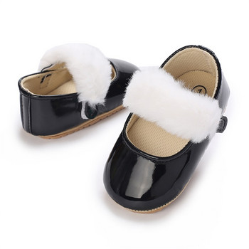 Παπούτσια Princess για μωρά, μαλακό δέρμα PU, γούνινο συνονθύλευμα, Αντιολισθητικά παπούτσια First Walker, παιδικά παπούτσια