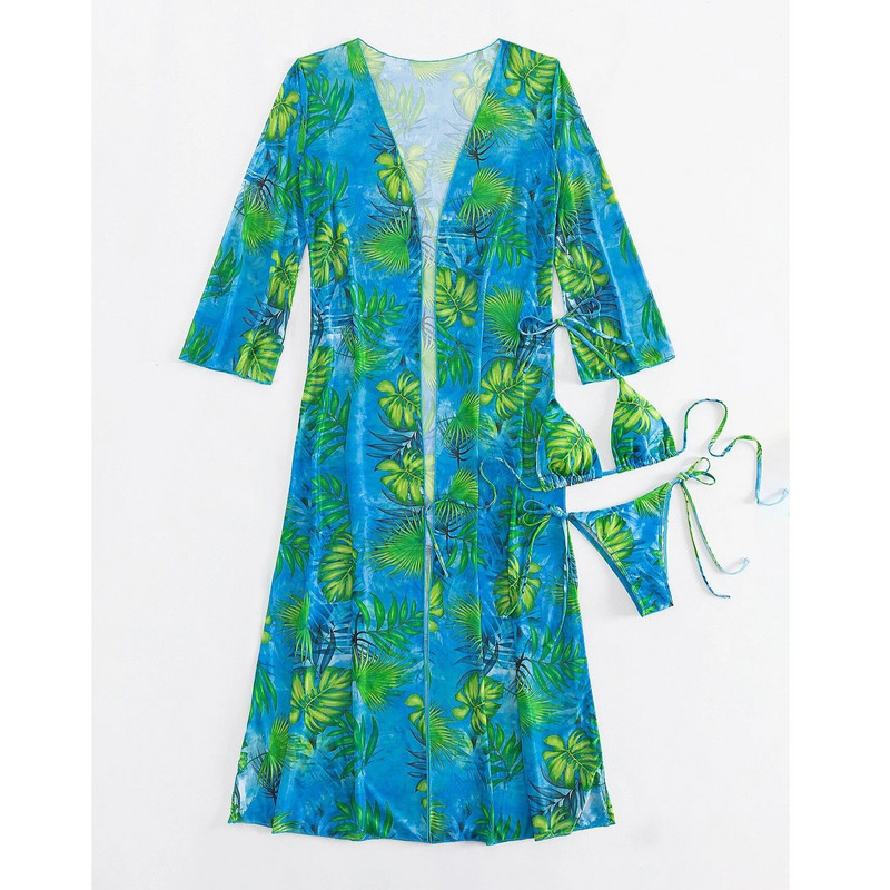 2023 3συσκευασία μαγιό με γυναικείο κιμονό με τροπικό στάμπα μπικίνι Μαγιό Beach Cover Up Halter Σετ μπικίνι Beachwear