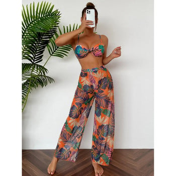 2023 Print 3pack Bikini Swimsuit with Cover Up Pants Swimsuit Women Knot Banding Bandage Bikini Set Swimsuits Biquini