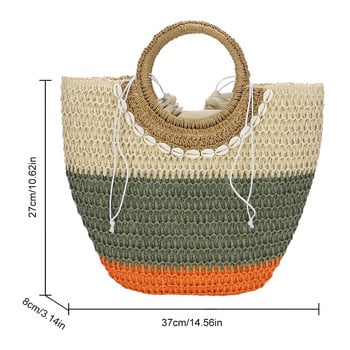 Летни ръчно изработени сламени чанти за жени Дамски чанти от ратан Бохо кошница с шнурове Голяма ръчно тъкана горна дръжка, плетена на една кука плажни чанти
