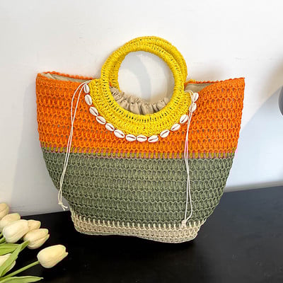 Καλοκαιρινές χειροποίητες ψάθινες τσάντες για γυναικείες τσάντες Rattan Boho τσάντα καλαθιού με κορδόνια μεγάλη χειροποίητη λαβή με βελονάκι Beach Totes