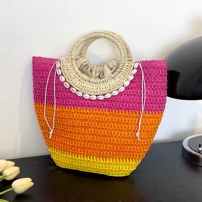 Καλοκαιρινές χειροποίητες ψάθινες τσάντες για γυναικείες τσάντες Rattan Boho τσάντα καλαθιού με κορδόνια μεγάλη χειροποίητη λαβή με βελονάκι Beach Totes
