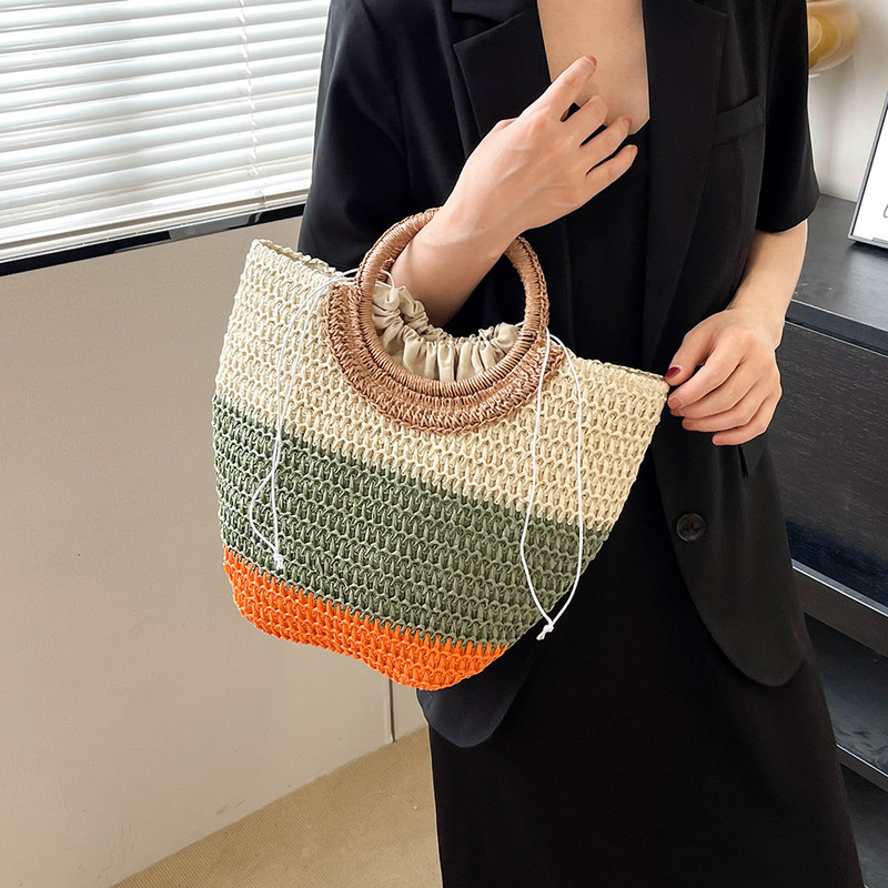 Καλοκαιρινές χειροποίητες ψάθινες τσάντες για γυναικείες τσάντες Rattan Boho τσάντα καλαθιού με κορδόνια μεγάλη χειροποίητη λαβή με βελονάκι Beach Totes