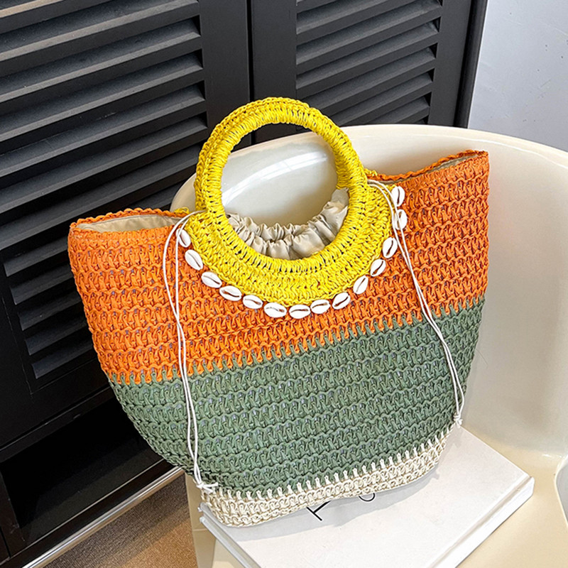 Καλοκαιρινές χειροποίητες ψάθινες τσάντες για γυναικείες τσάντες Rattan Boho τσάντα καλαθιού με κορδόνια μεγάλη χειροποίητη λαβή με βελονάκι Beach Totes