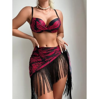 2023 3 опаковки Push Up Bikini Swimsuit with Beach Skirt Print Бански костюми Дамски ресни Hem Coverups Халтер Бански костюм Sarongs