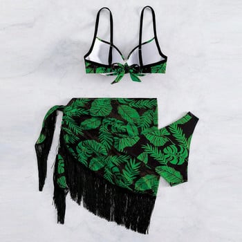 2023 3 опаковки Push Up Bikini Swimsuit with Beach Skirt Print Бански костюми Дамски ресни Hem Coverups Халтер Бански костюм Sarongs