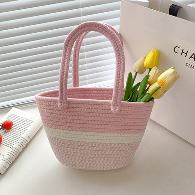 Καλοκαιρινές χειροποίητες τσάντες από βαμβακερό νήμα Γυναικείες υφαντές μπλούζες μόδας Χαριτωμένο χρώμα αντίθεσης Χειροποίητο φορητό για παραθαλάσσιες διακοπές